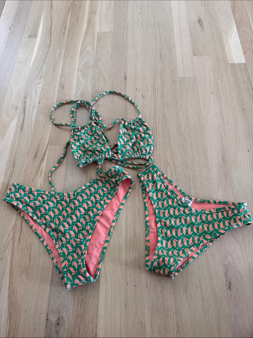 Montce Green & Coral Geometric Tie-Front Bikini Set